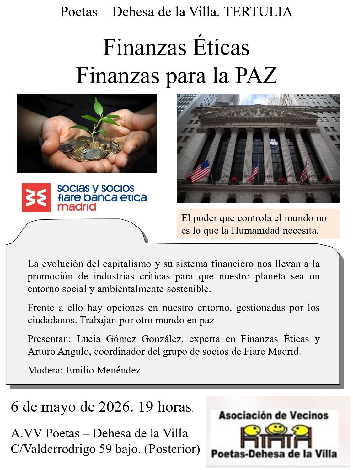 Tertulia "Finanzas Éticas. Finanzas por la Paz"